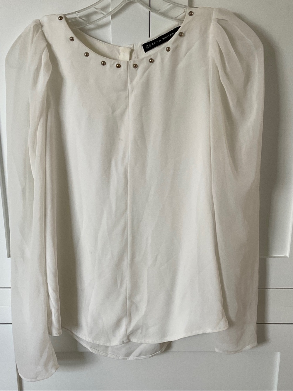 Zara Cream White Long-Sleeve Blouse with Studded Neckline